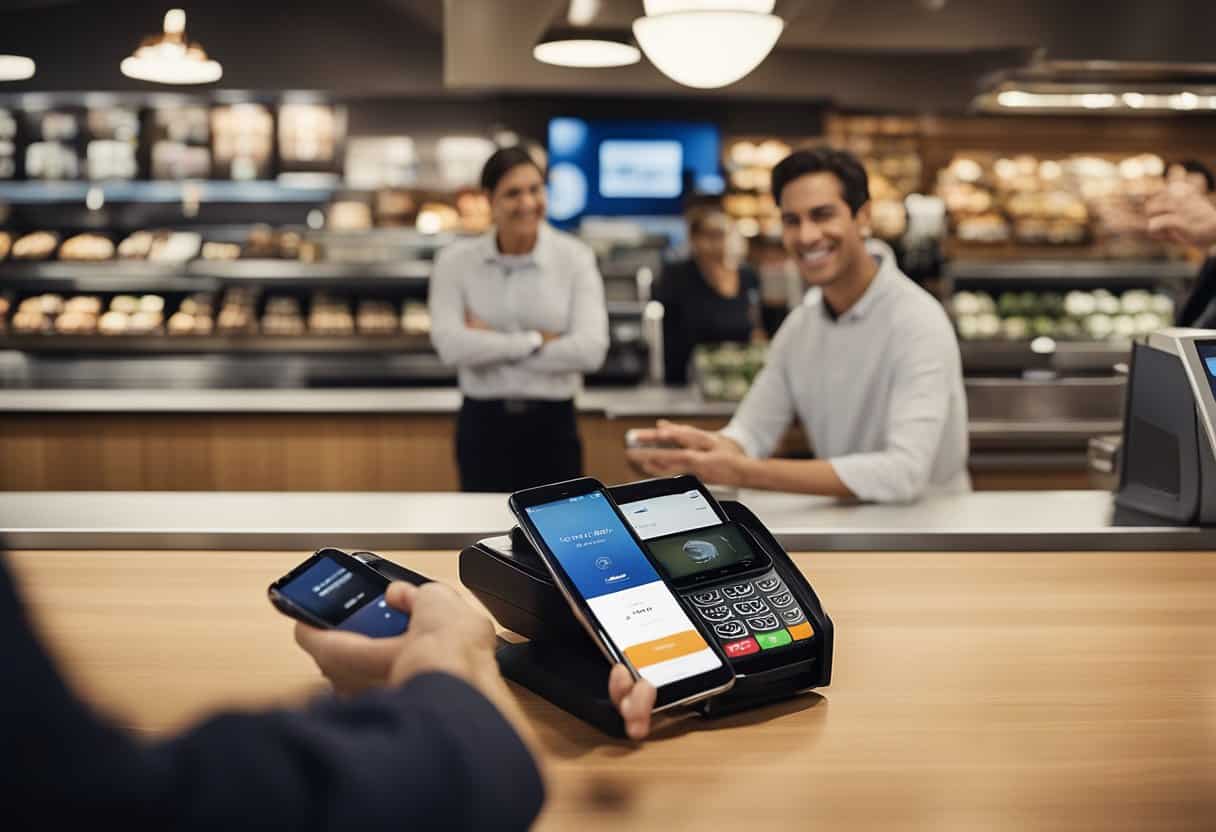 A customer at Burlington holds up their phone with the Apple Pay app open, ready to make a purchase. The cashier stands behind the counter, waiting to assist