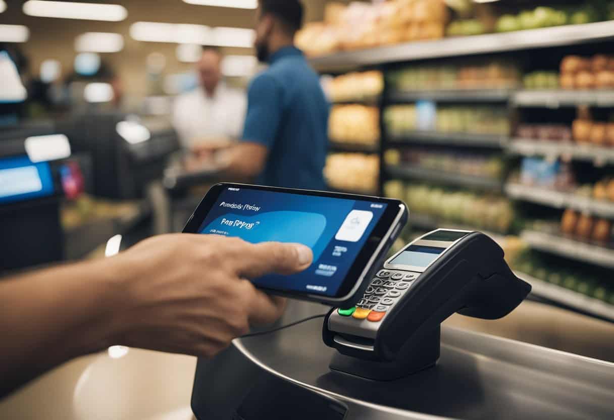 A customer taps their phone on the Apple Pay reader at the Ralphs checkout. The cashier nods and completes the transaction