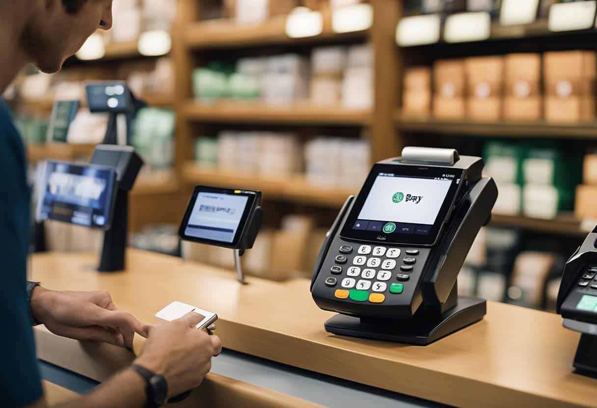 A customer uses their phone to make a payment at Barnes & Noble, with the Apple Pay logo displayed on the payment terminal
