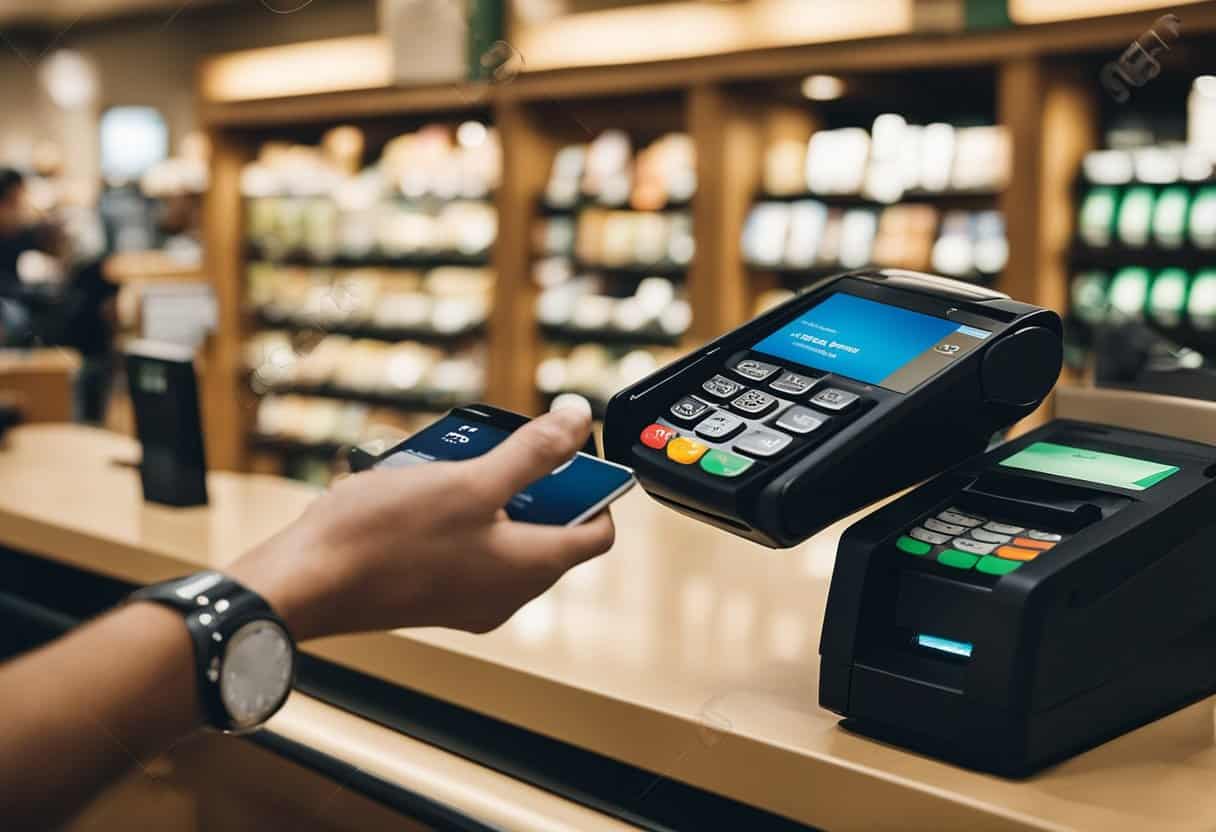A customer taps their phone on the payment terminal at Barnes and Noble using Apple Pay