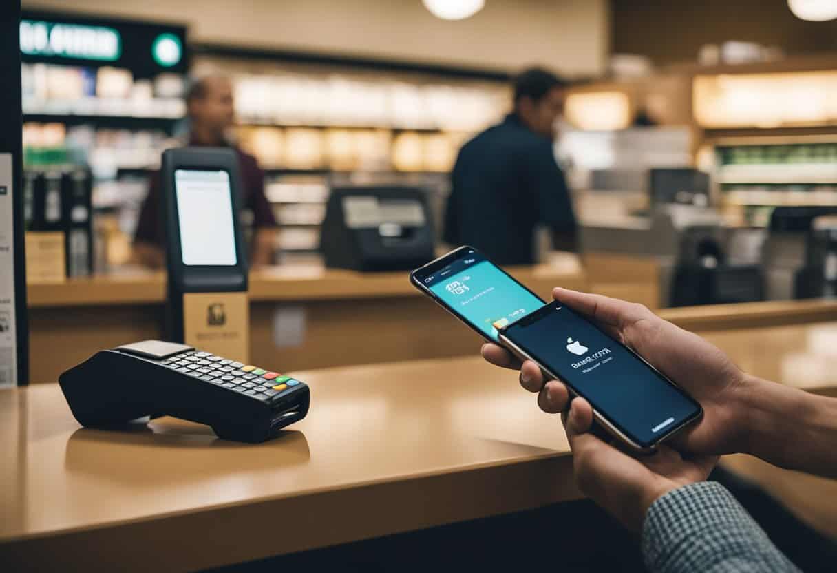 A customer holds an iPhone near a Barnes and Noble checkout counter, ready to pay with Apple Pay