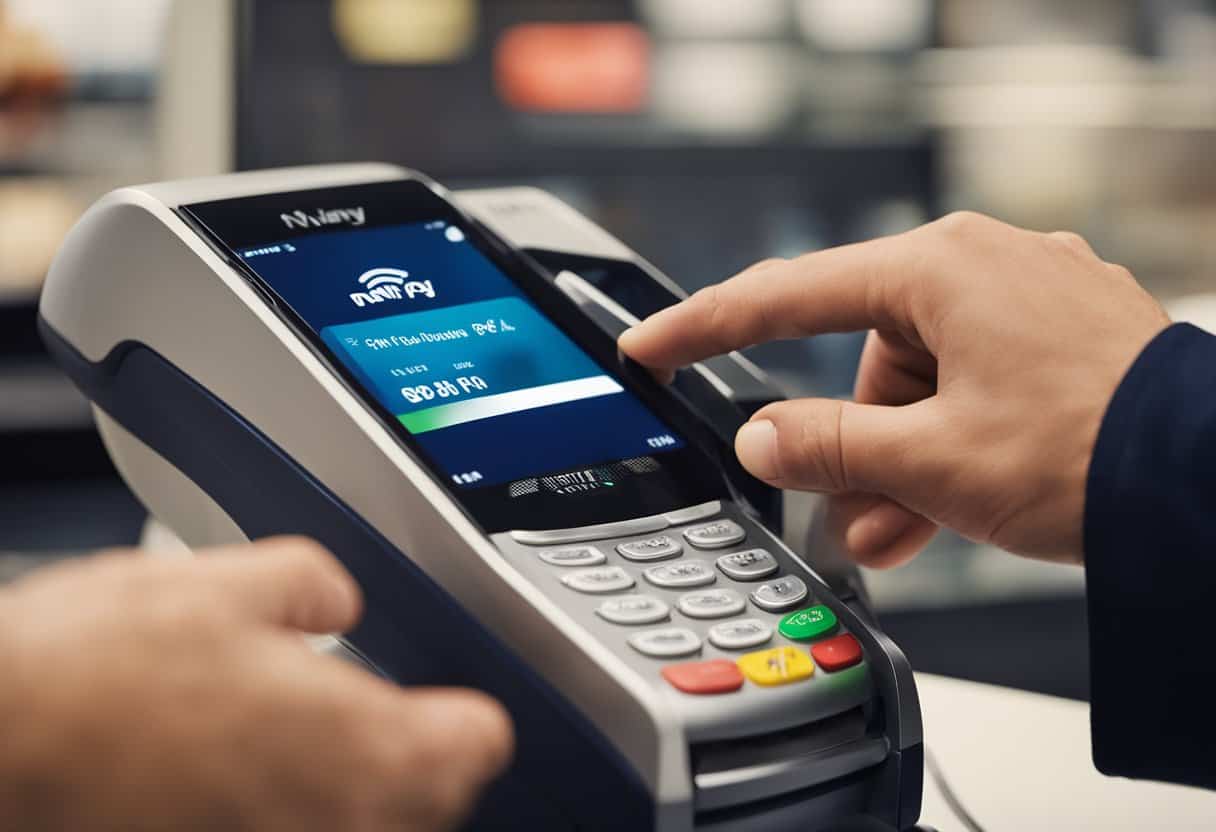 A hand swipes an iPhone over a payment terminal at an Old Navy checkout. The screen displays "Apple Pay accepted" as the transaction is completed