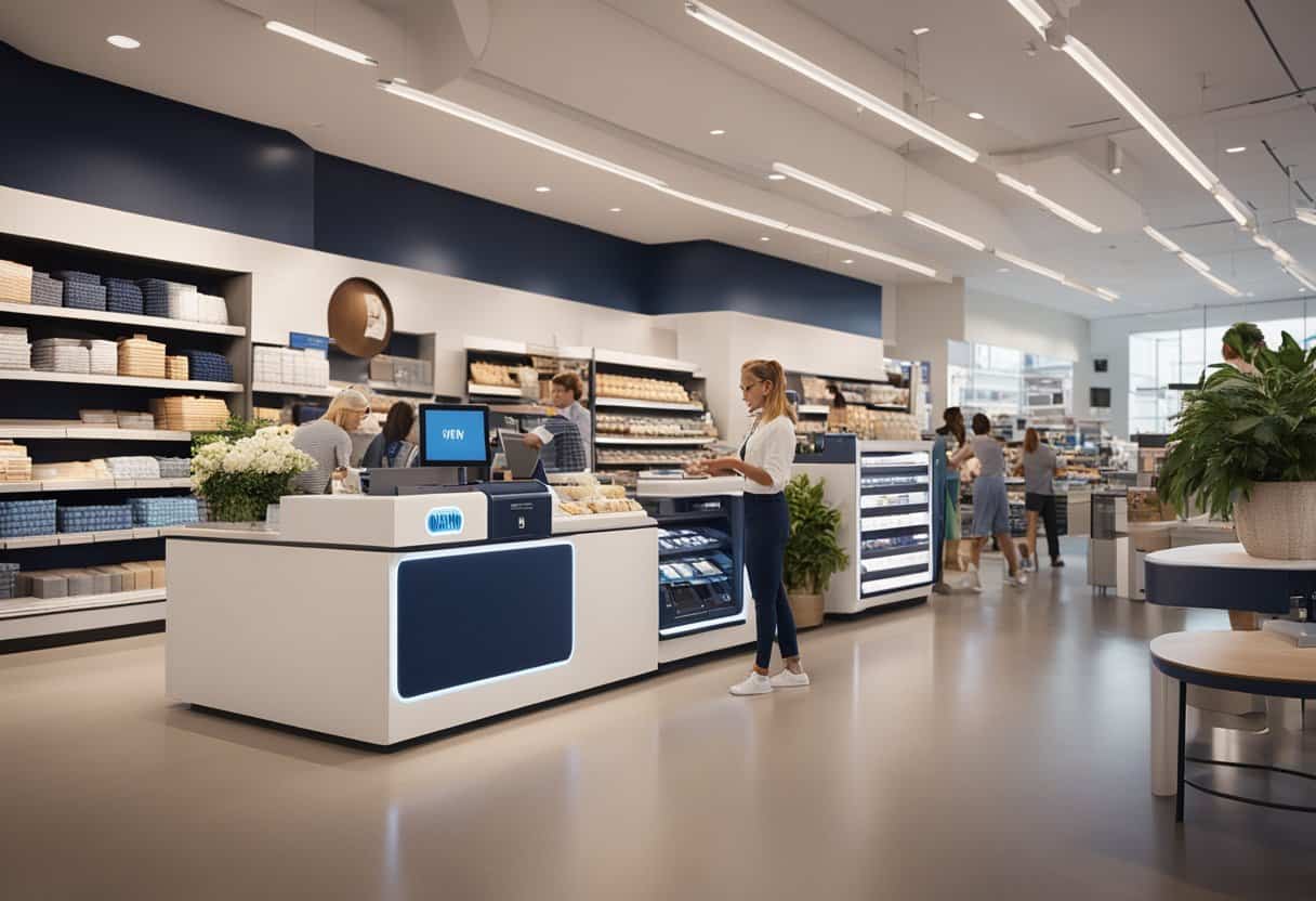 Customers using Apple Pay at Old Navy checkout. Bright, modern store interior. Smiling cashier. Easy, contactless payment process