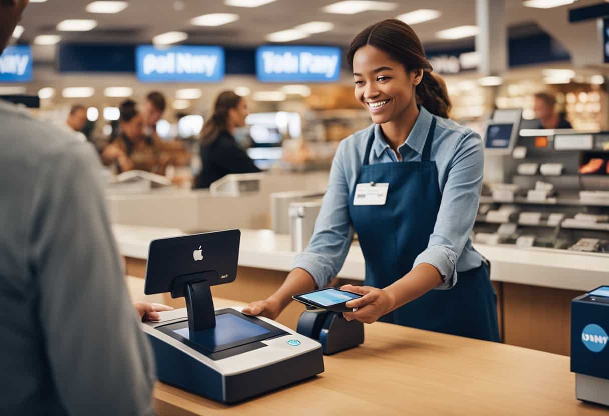 A cashier at Old Navy accepts a customer's payment with an Apple Pay device at the checkout counter