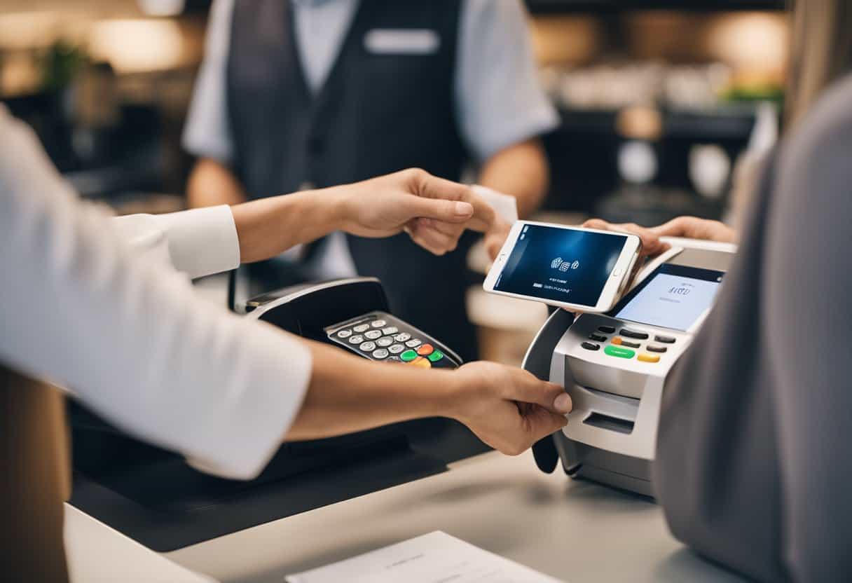 A customer using Apple Pay at the register, receiving cash back while a cashier assists