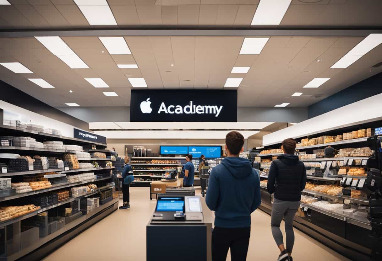 Customers at Academy store use Apple Pay for purchases, browsing aisles and trying on sports gear