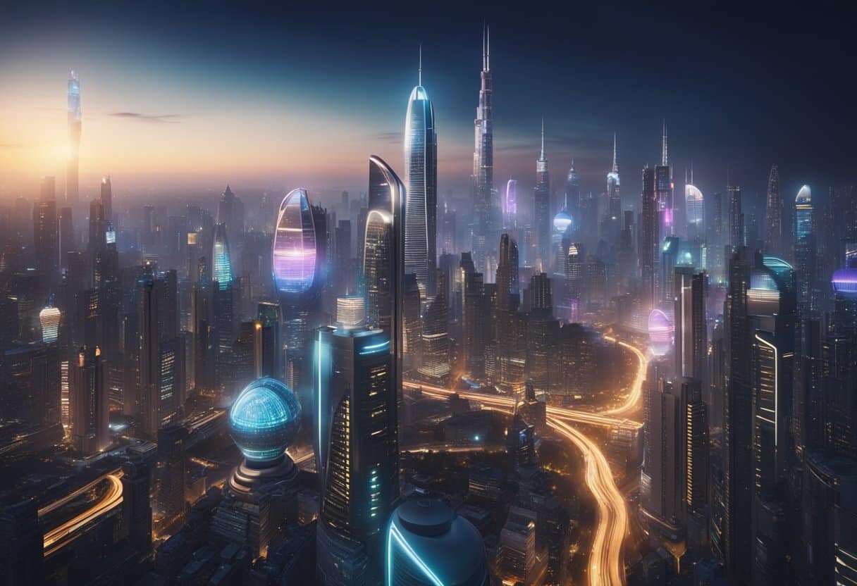 A futuristic cityscape with neon lights and towering skyscrapers, surrounded by advanced technology and machinery