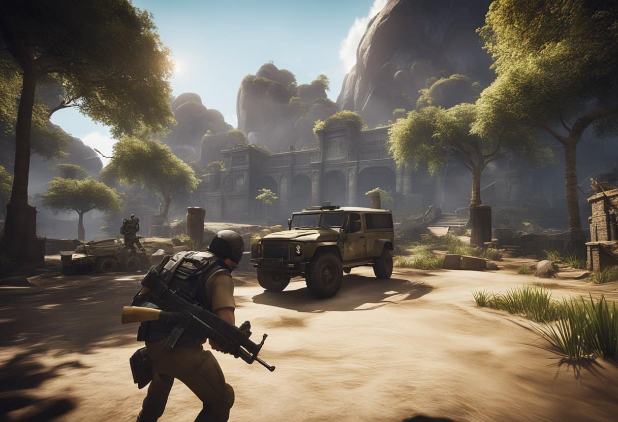 The game scene features enhanced graphics and sound effects, with detailed environments and realistic weapon sounds