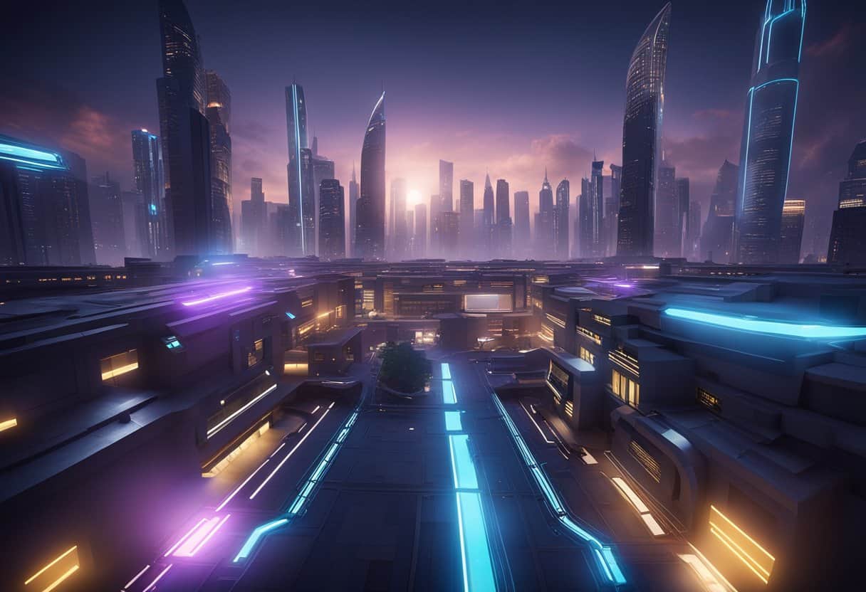 A futuristic cityscape with towering skyscrapers, neon lights, and advanced technology, hinting at the upcoming release of Counter-Strike 2