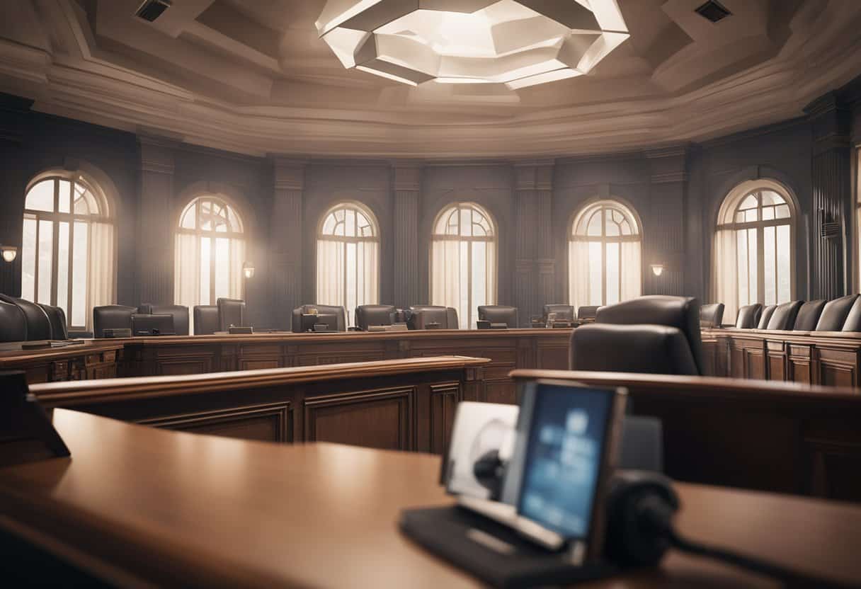 A courtroom with a judge presiding over a legal dispute, with the PUBG: BATTLEGROUNDS logo and trademark displayed prominently