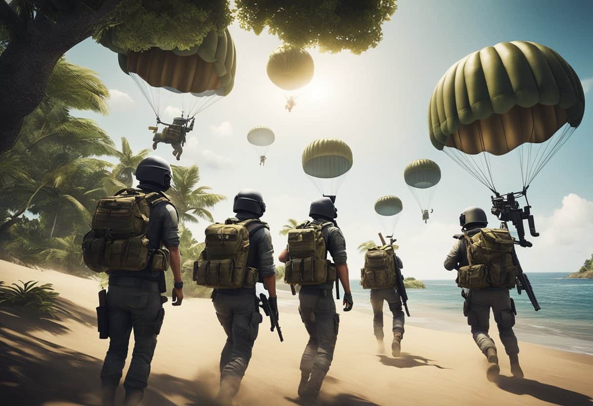 A squad of soldiers parachutes onto a deserted island, armed and ready for battle in the popular video game PUBG: BATTLEGROUNDS