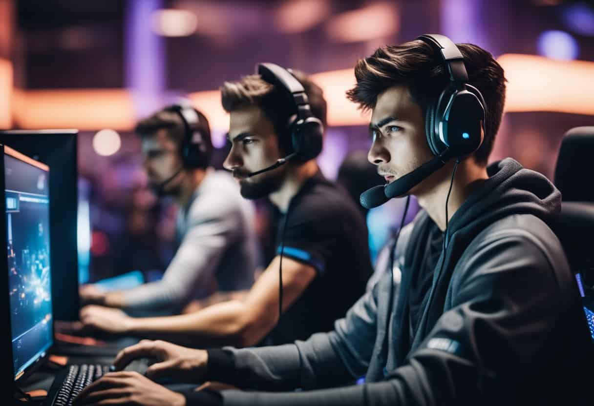 A group of gamers intensely compete in a virtual battleground, strategizing and engaging in fast-paced gameplay in an esports tournament