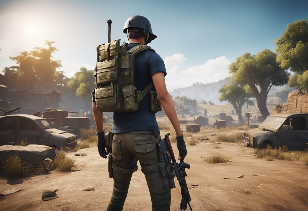 A player loots weapons and navigates through a war-torn landscape in the popular game PUBG Battlegrounds