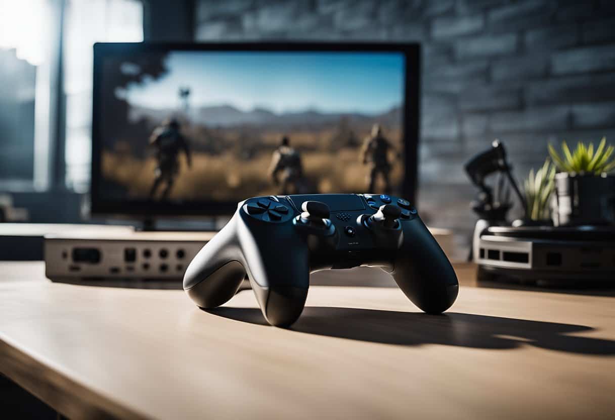 The PS5 console is connected to a large screen, displaying the intense action of PUBG Battlegrounds. The controller sits nearby, ready for a player to jump into the immersive gaming experience