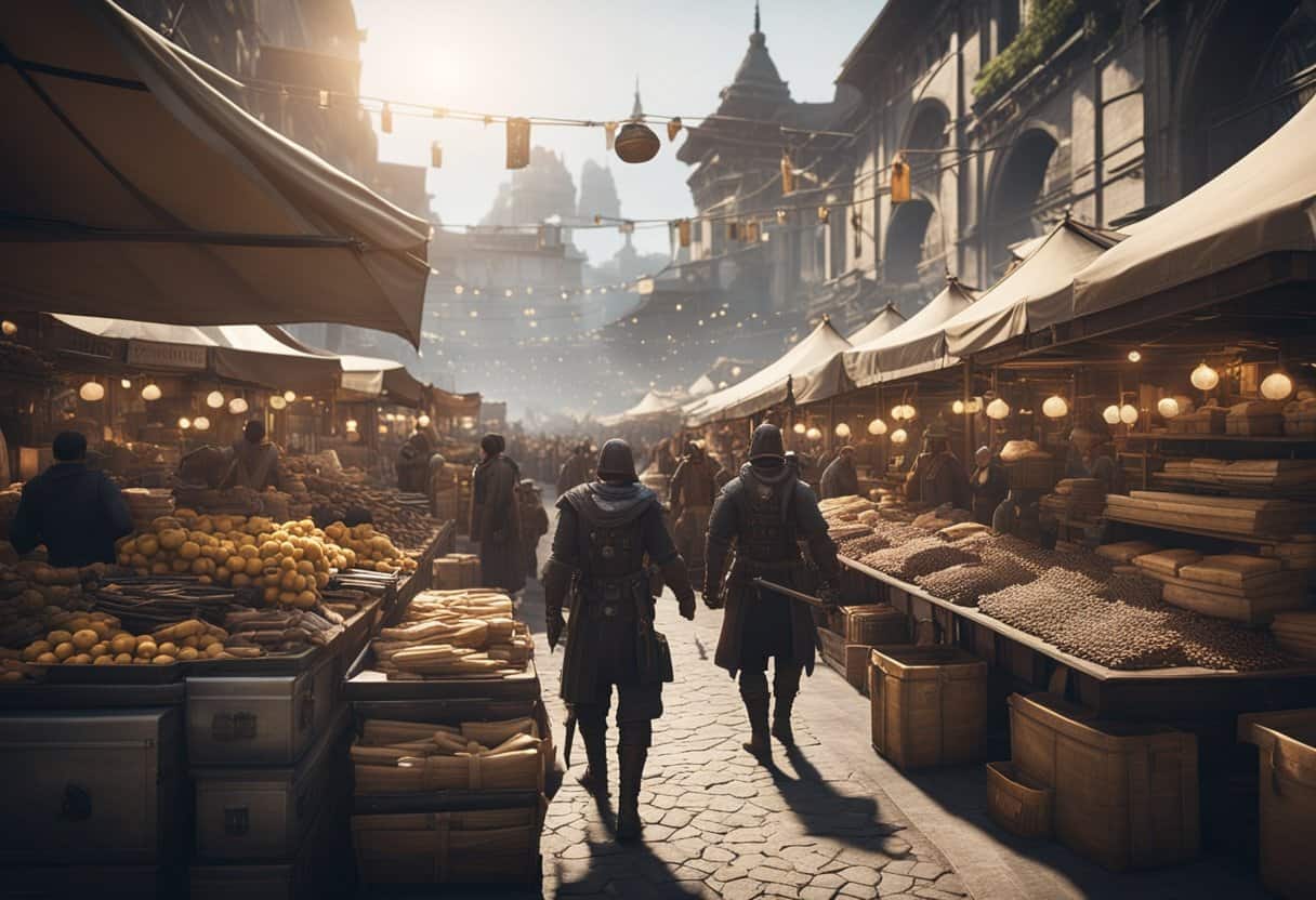 A bustling marketplace with vendors selling weapons, armor, and supplies. In-game currency exchanged for goods. Dynamic economy fluctuates based on supply and demand