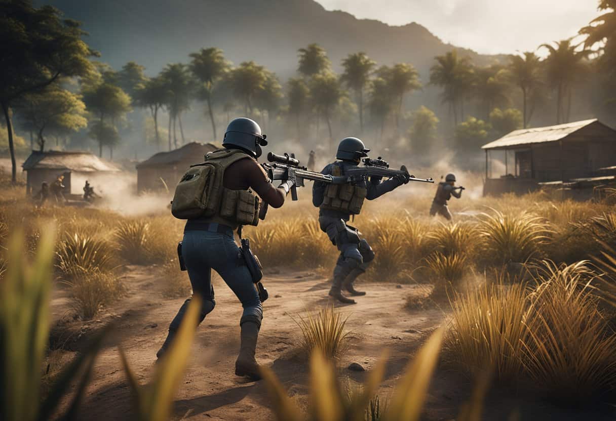 A group of players engage in intense combat across a diverse and detailed landscape, showcasing the dynamic and thrilling gameplay of PUBG Battlegrounds