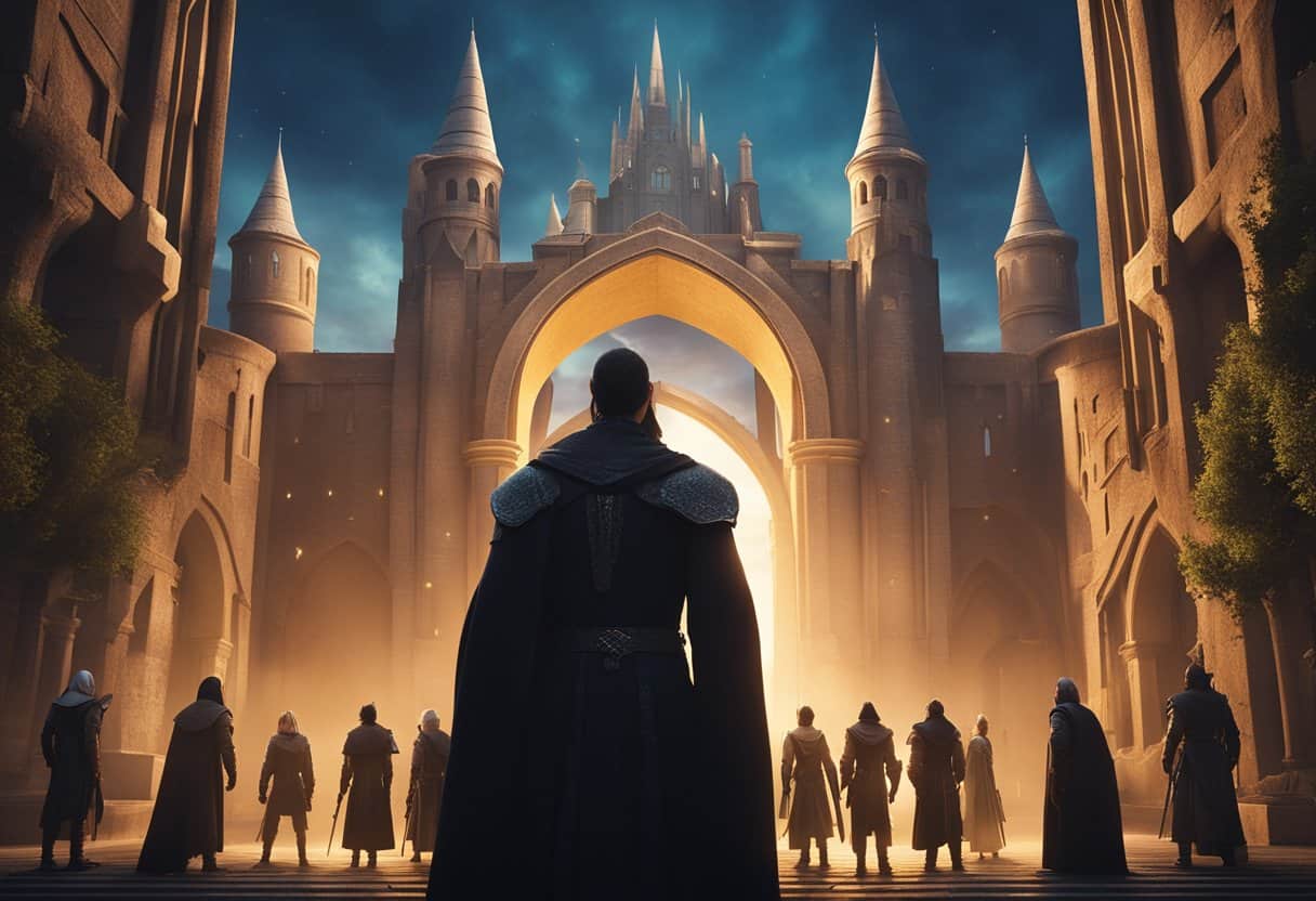 A group of diverse characters stand in front of a glowing portal, their expressions ranging from curiosity to apprehension. The backdrop is a medieval fantasy city with towering spires and bustling streets