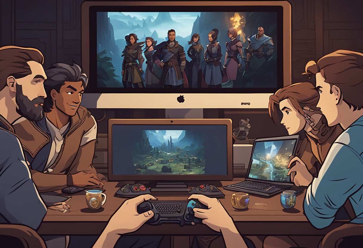 A group of diverse characters gather around a table, each holding a different gaming console, while a screen in the background displays "Baldur's Gate 3."