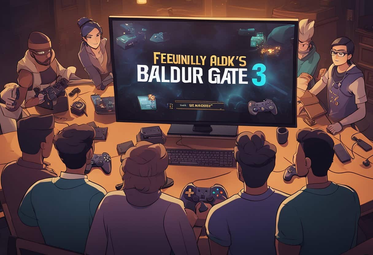 A group of diverse characters gather around a gaming console, each holding a different controller. The screen displays the words "Frequently Asked Questions: Baldur's Gate 3 Crossplay."
