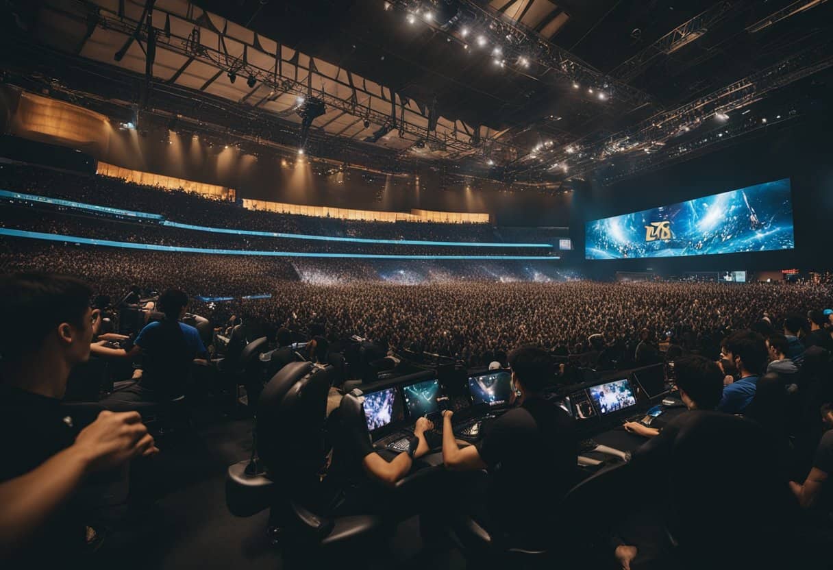 A vibrant arena filled with cheering fans, towering screens, and intense gameplay at the Dota 2 TI tournament