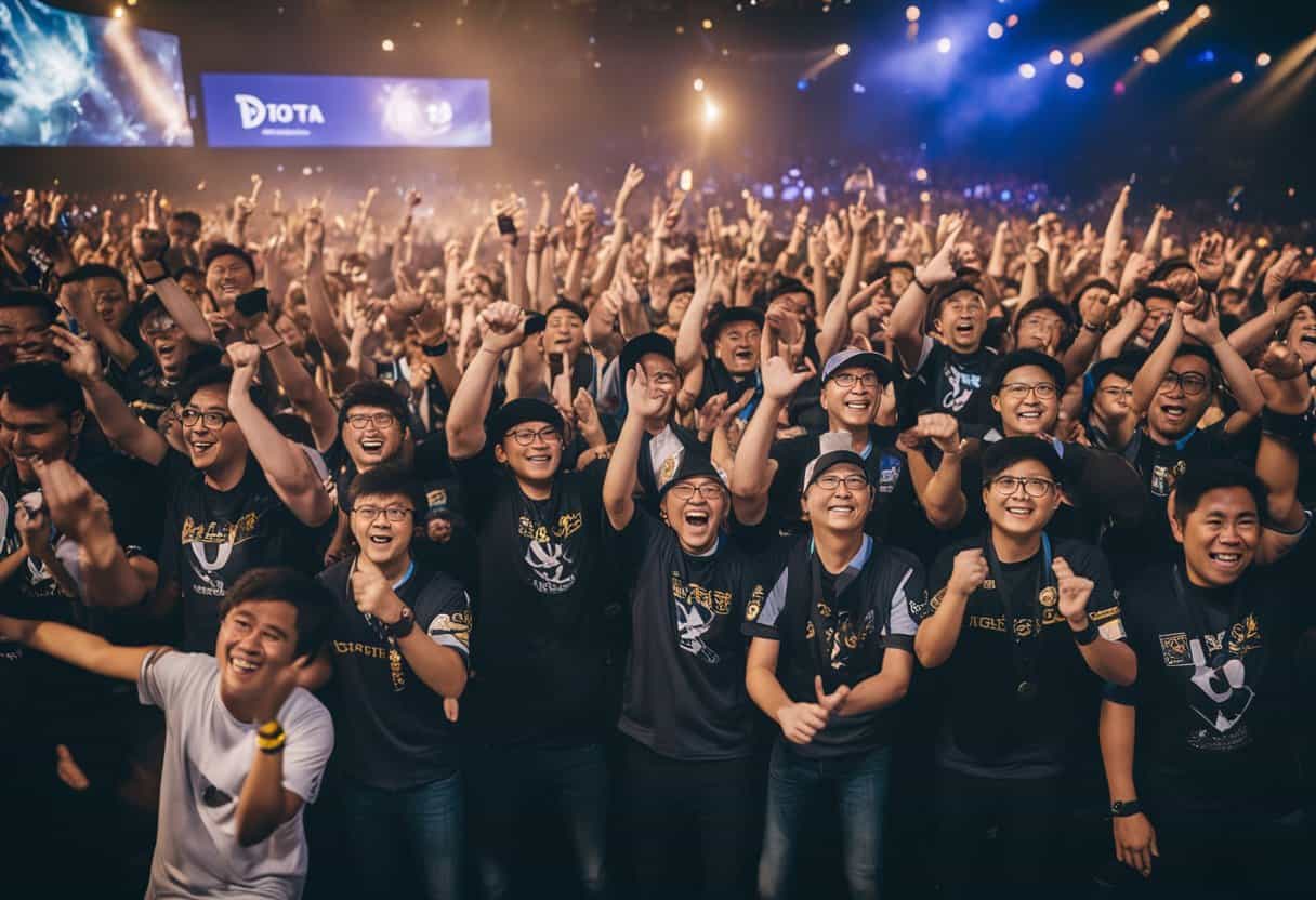 Excited fans cheer and wave banners at a Dota 2 TI event