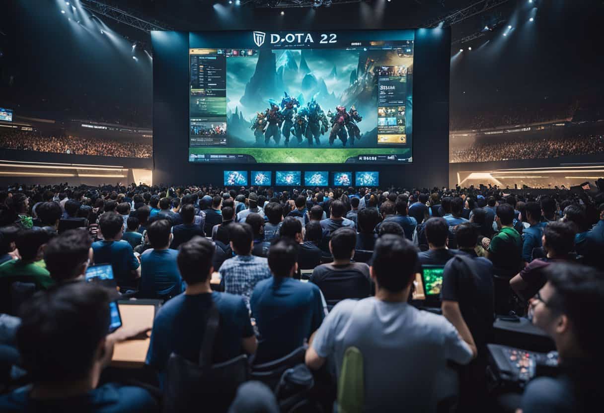 A bustling crowd surrounds a large screen showing Dota 2 TI FAQs, while players discuss strategies and eagerly await the next match