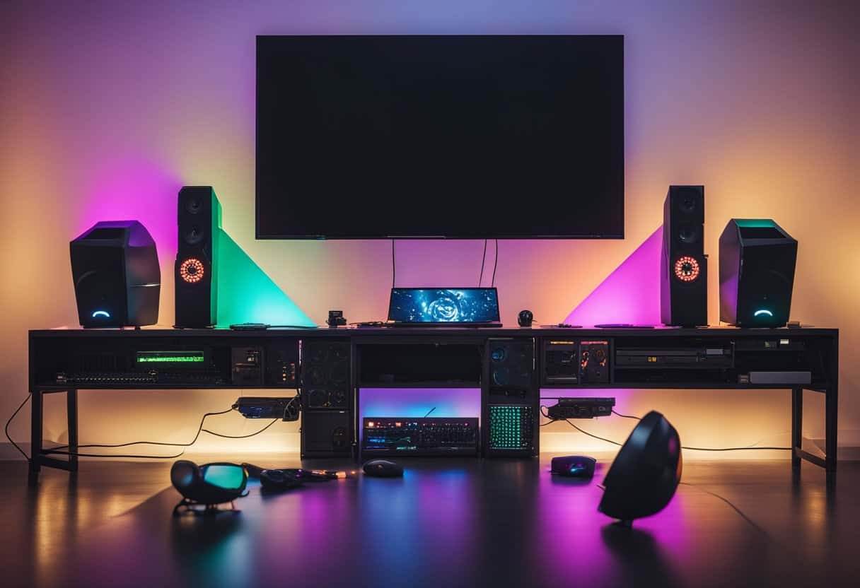 The scene depicts a gaming setup with a large screen displaying the game Counter-Strike 2. Surround sound speakers and colorful LED lights enhance the visual and audio experience