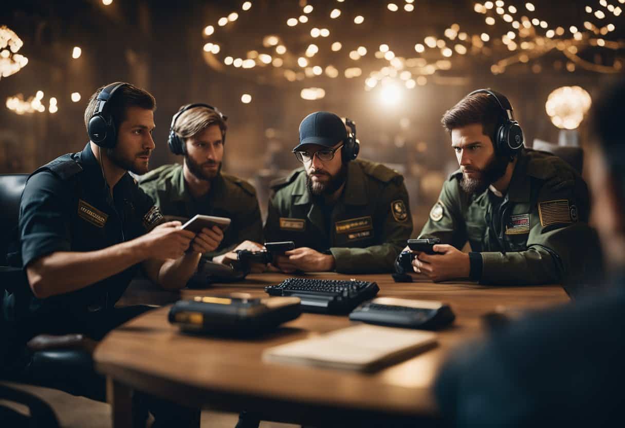 A group of people reading and discussing reviews of the video game Counter-Strike 2 in a historical setting