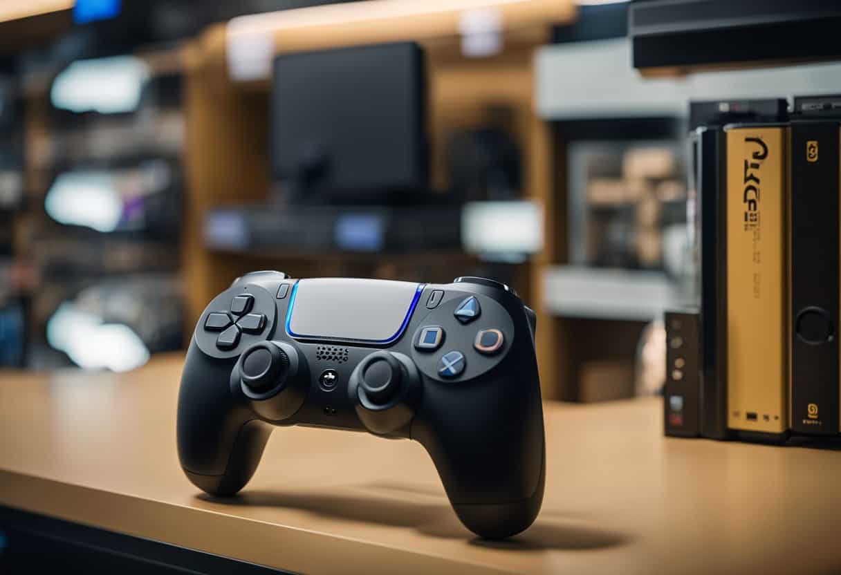 A PS5 console with Counter-Strike 2 game case on a store shelf