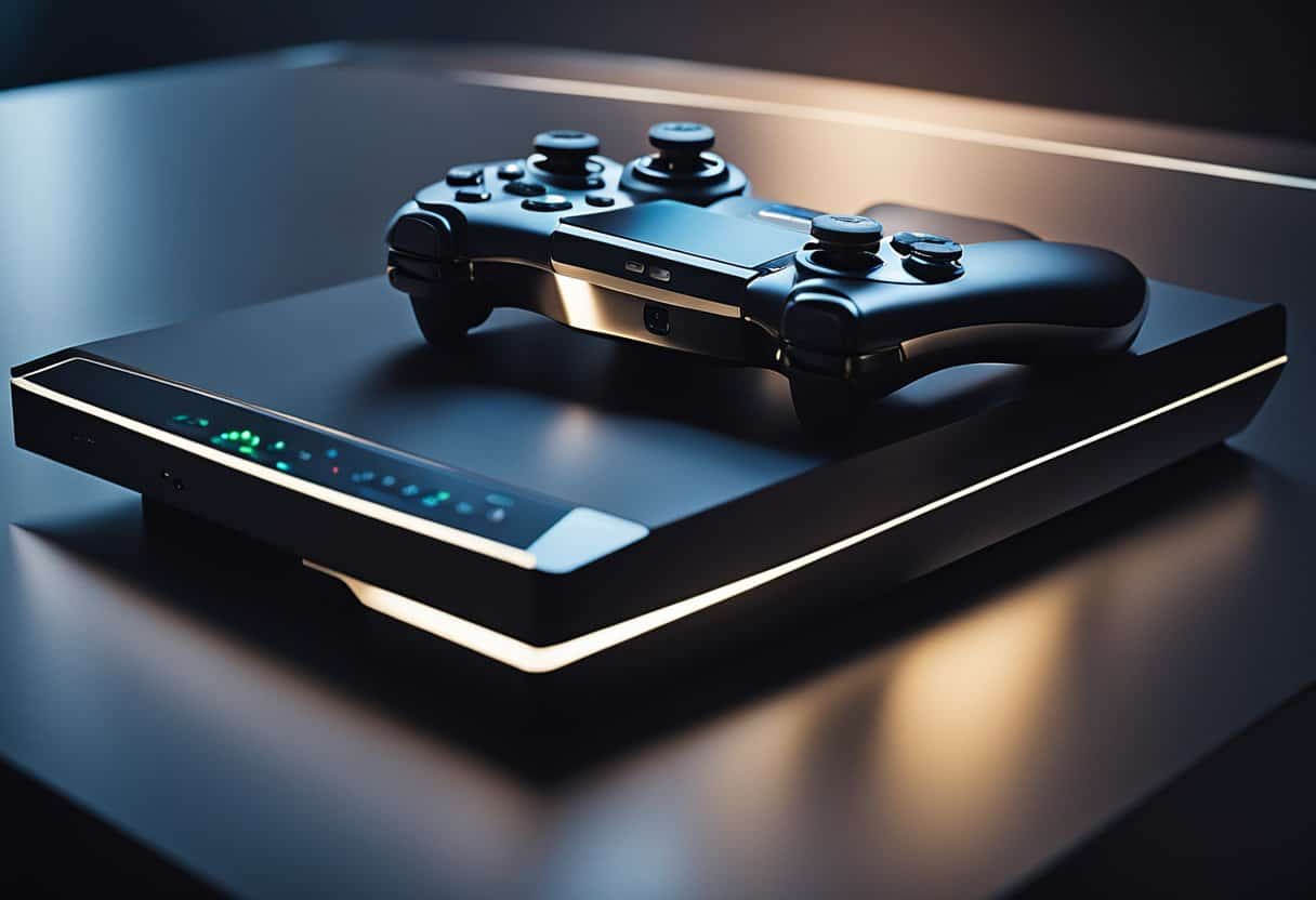 A futuristic gaming console sits on a sleek, minimalist table. The room is dimly lit, with a soft glow emanating from the console's power button