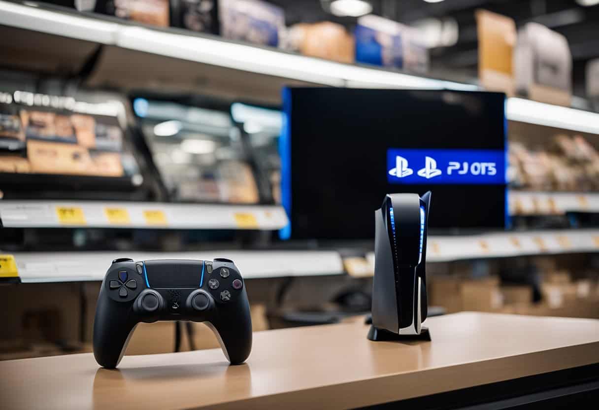 A PS5 console sits on a store shelf, with a "Limit 1 per customer" sign next to it. A "Sold Out" sign hangs above the display