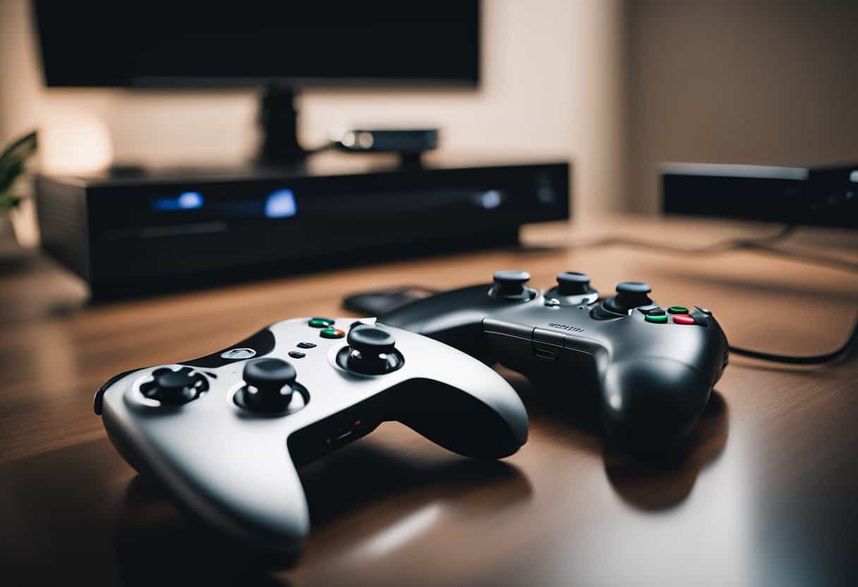A sleek, modern gaming console sits on a clean, minimalist table, surrounded by controllers and game cases. The room is bathed in warm, inviting light, with a sense of anticipation and excitement in the air