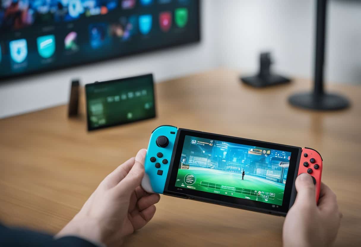 A hand holding a Nintendo Switch with the screen displaying "Persona 3 Reload." A computer with code and production data in the background