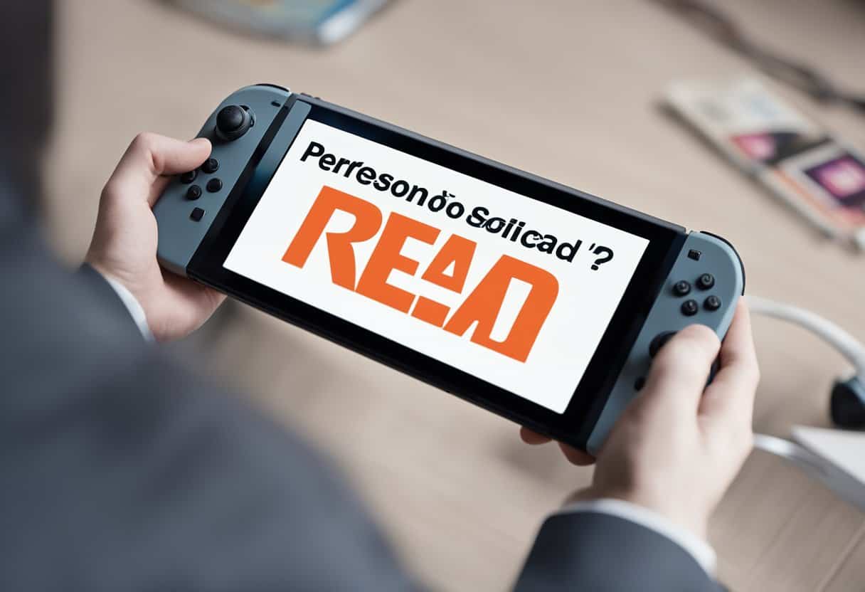 A hand holding a Nintendo Switch with "Persona 3 Reload" displayed on the screen, surrounded by question marks and FAQ symbols