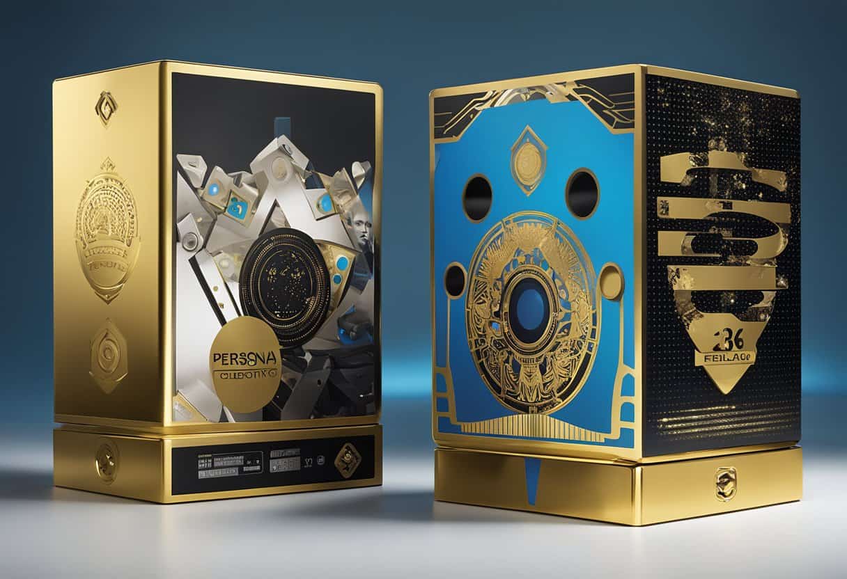 A stack of Persona 3 Reload Collector's Edition boxes, featuring vibrant artwork and gold foil accents, arranged on a sleek display shelf