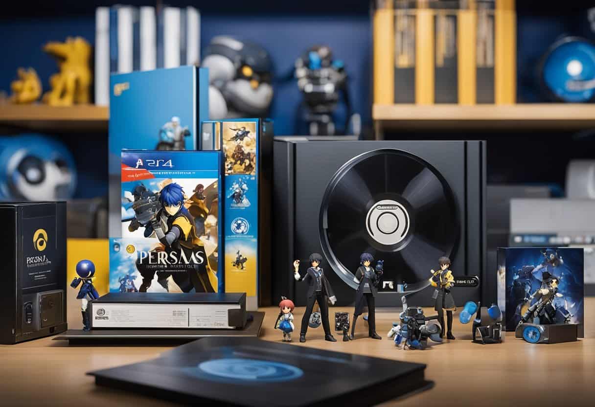 A collection of Persona 3 Reload Collector's Edition items displayed on a shelf, including the game, art book, soundtrack, and figurines