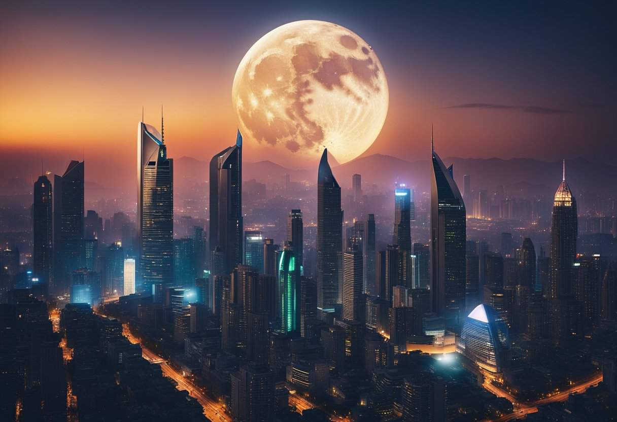 A vibrant, futuristic cityscape with towering skyscrapers, neon lights, and advanced technology. A mysterious moon looms overhead, casting an eerie glow on the bustling streets below