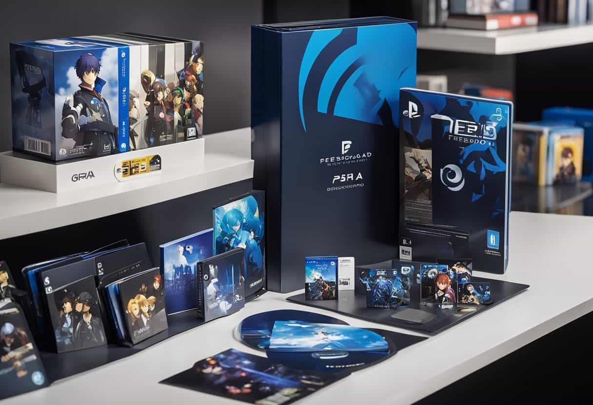 The merchandise from Persona 3 Reload Collector's Edition is arranged on a sleek display shelf, featuring the game, art book, soundtrack, and exclusive figurines