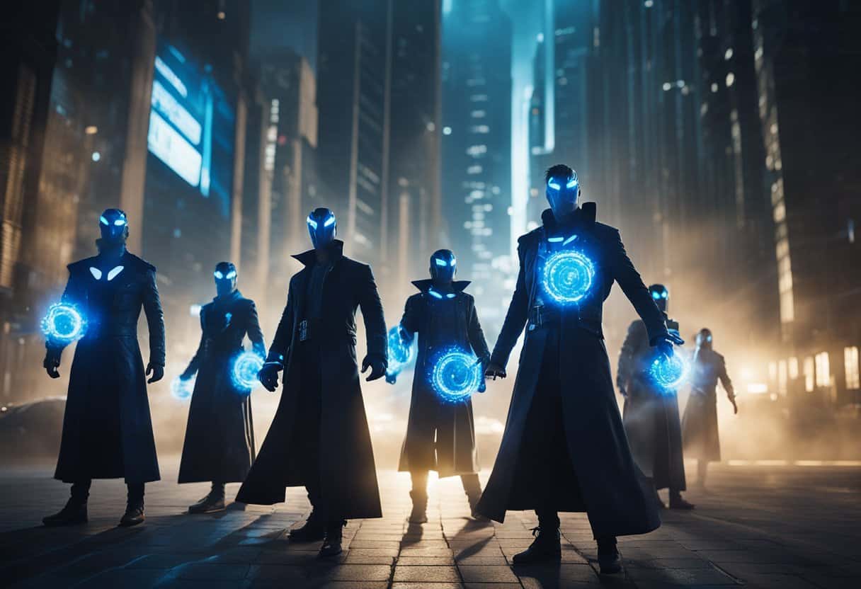 Characters summoning personas in a dark, urban setting with glowing blue energy emanating from their bodies. The personas materialize in a burst of light, ready for battle