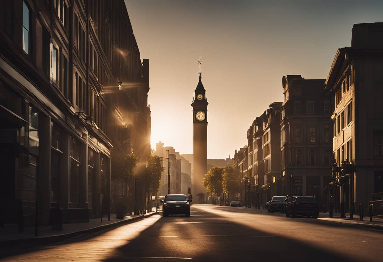 A dimly lit city street with a towering clock tower in the background, casting long shadows from the setting sun