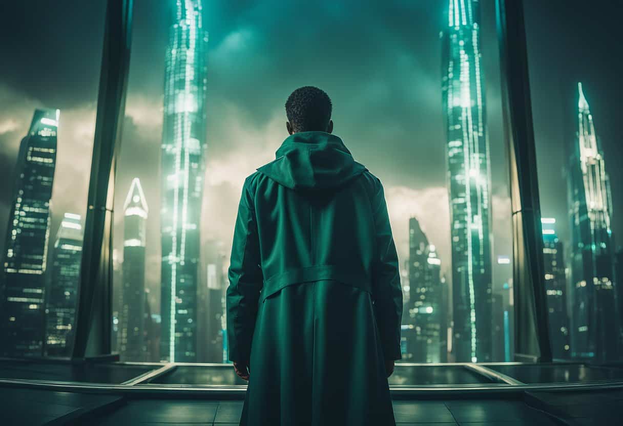The protagonist stands in front of a glowing portal, surrounded by towering skyscrapers and a dark, ominous sky. Blue and green hues dominate the scene, giving off a sense of mystery and adventure
