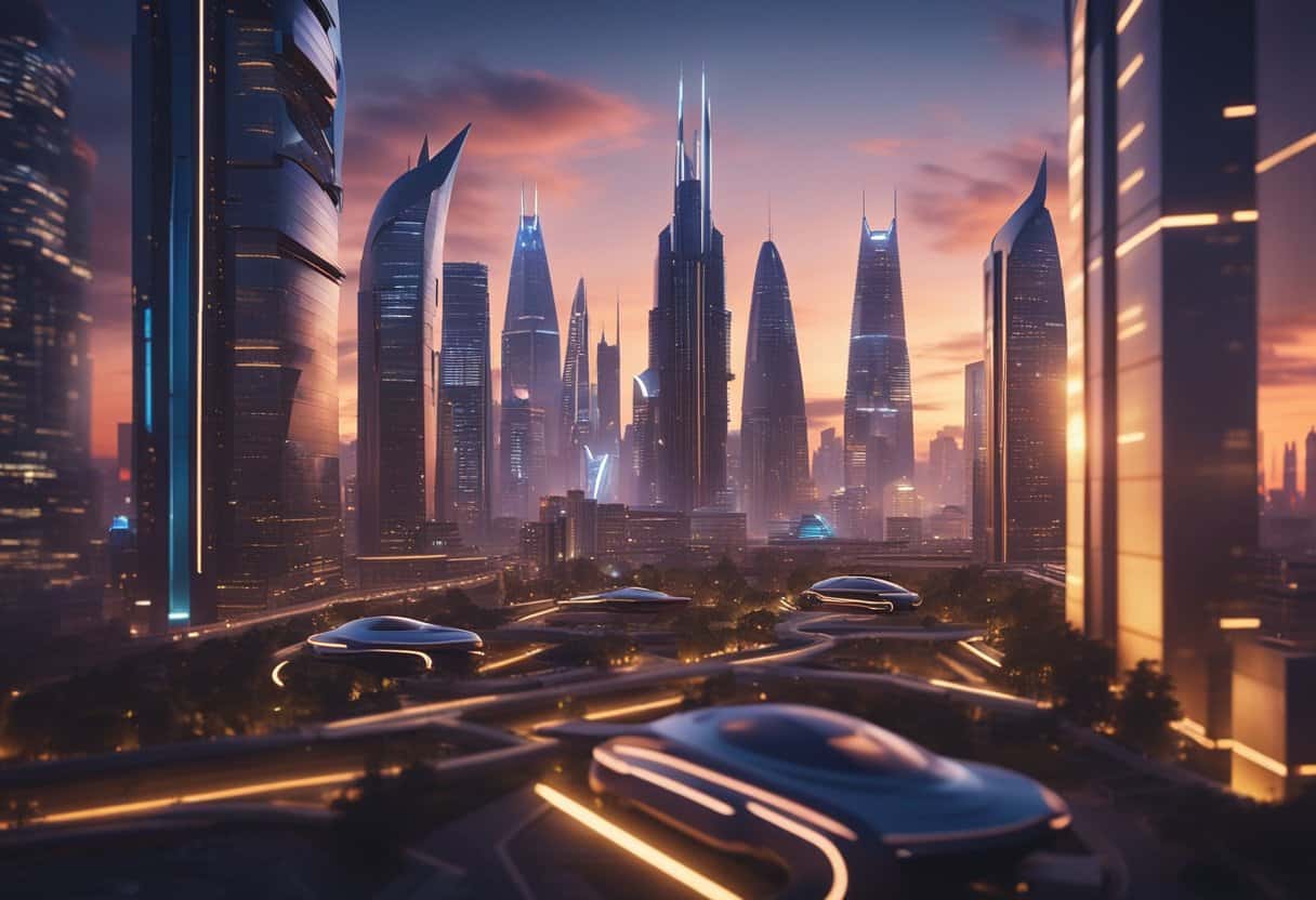 A futuristic cityscape with neon-lit skyscrapers and flying cars, set against a backdrop of a glowing sunset