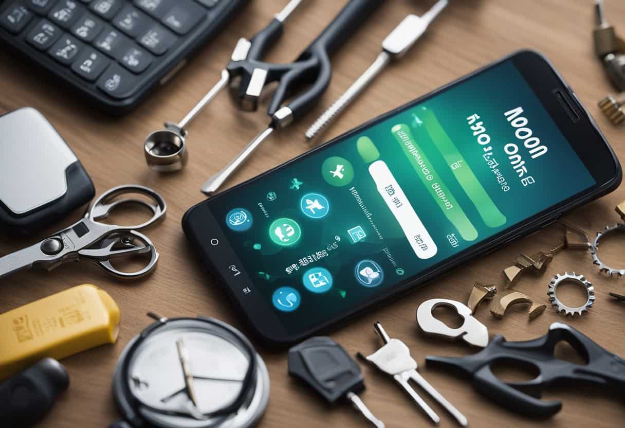 A smartphone with a "No SIM available" message displayed on the screen, surrounded by a variety of tools and resources for prevention and care