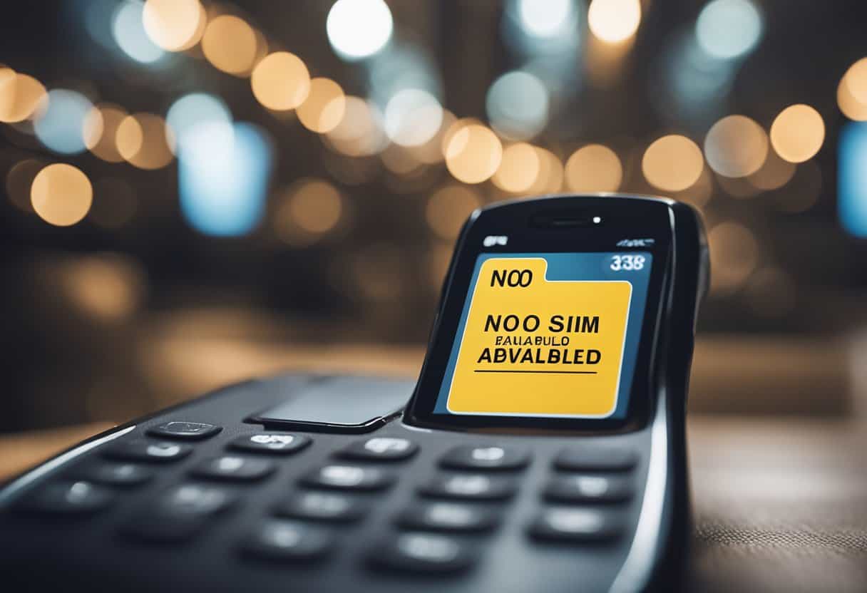 A smartphone with a "No SIM available" message displayed on the screen