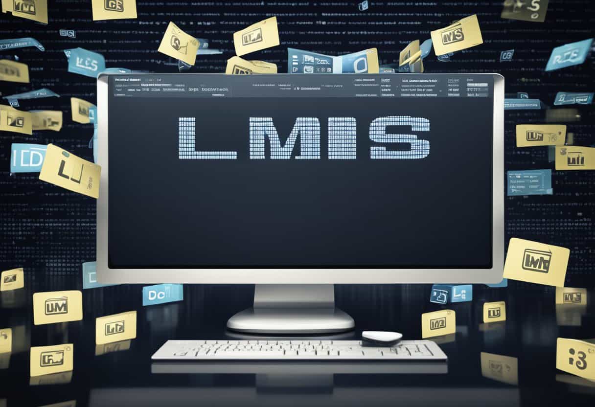 A computer screen with "LMS" displayed prominently, surrounded by question marks and a search bar