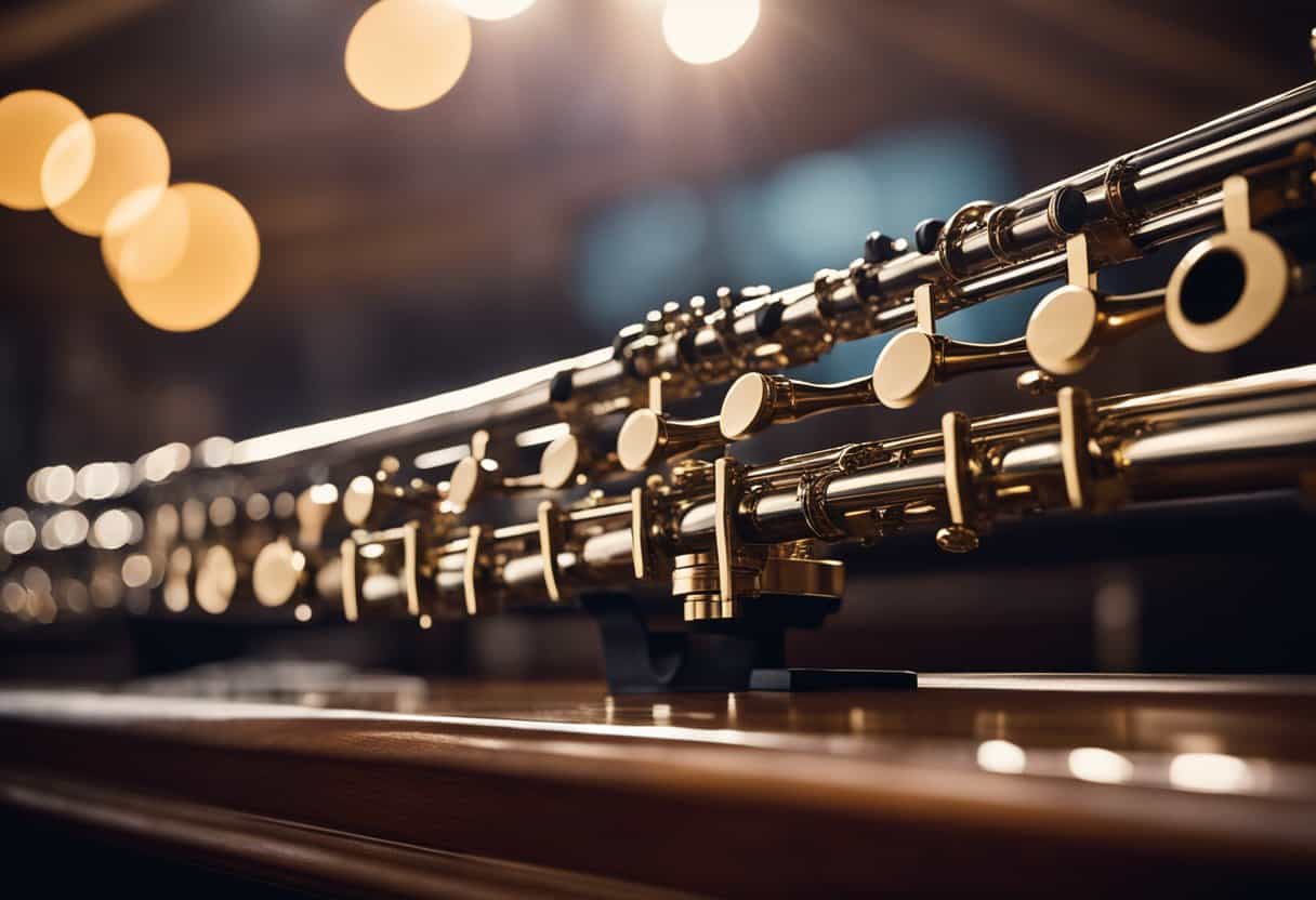 An oboe resting on a music stand in a symphony orchestra