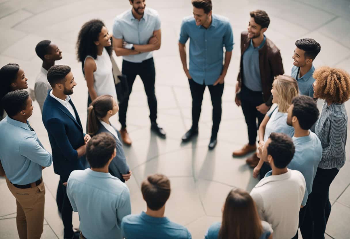 A group of people standing in a circle, engaging in polite conversation and demonstrating good manners