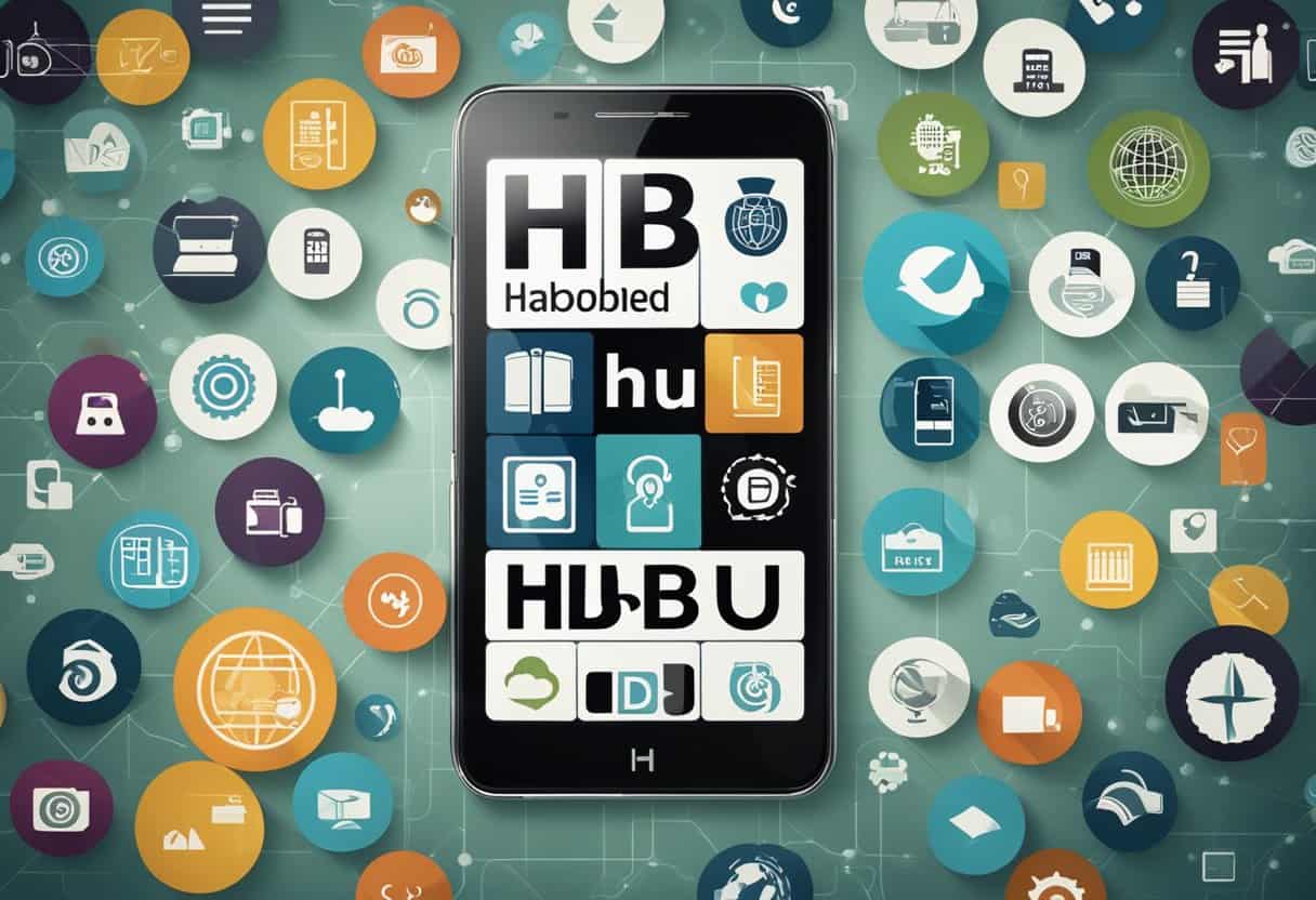 A smartphone with the text "hbu" displayed on the screen, surrounded by various digital communication icons and symbols