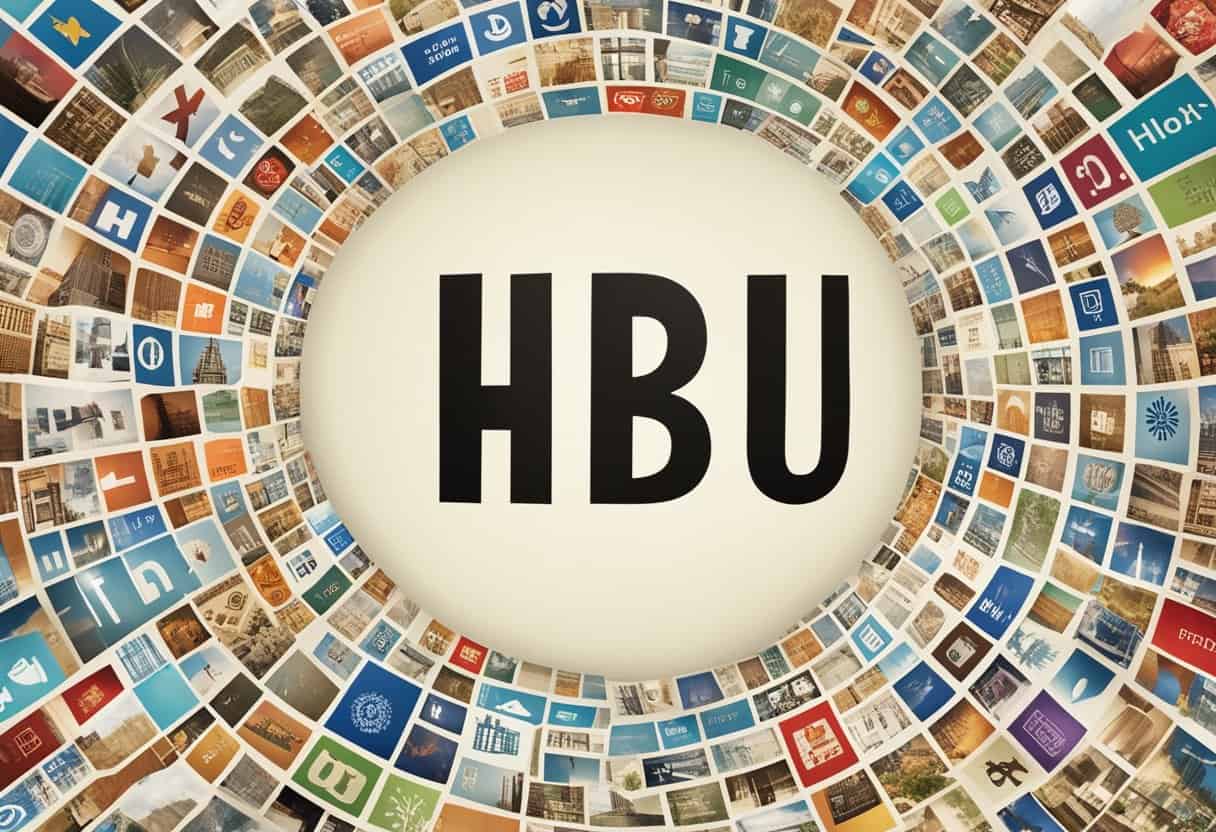 The word "hbu" displayed with diverse cultural symbols and languages, showing its impact on global communication
