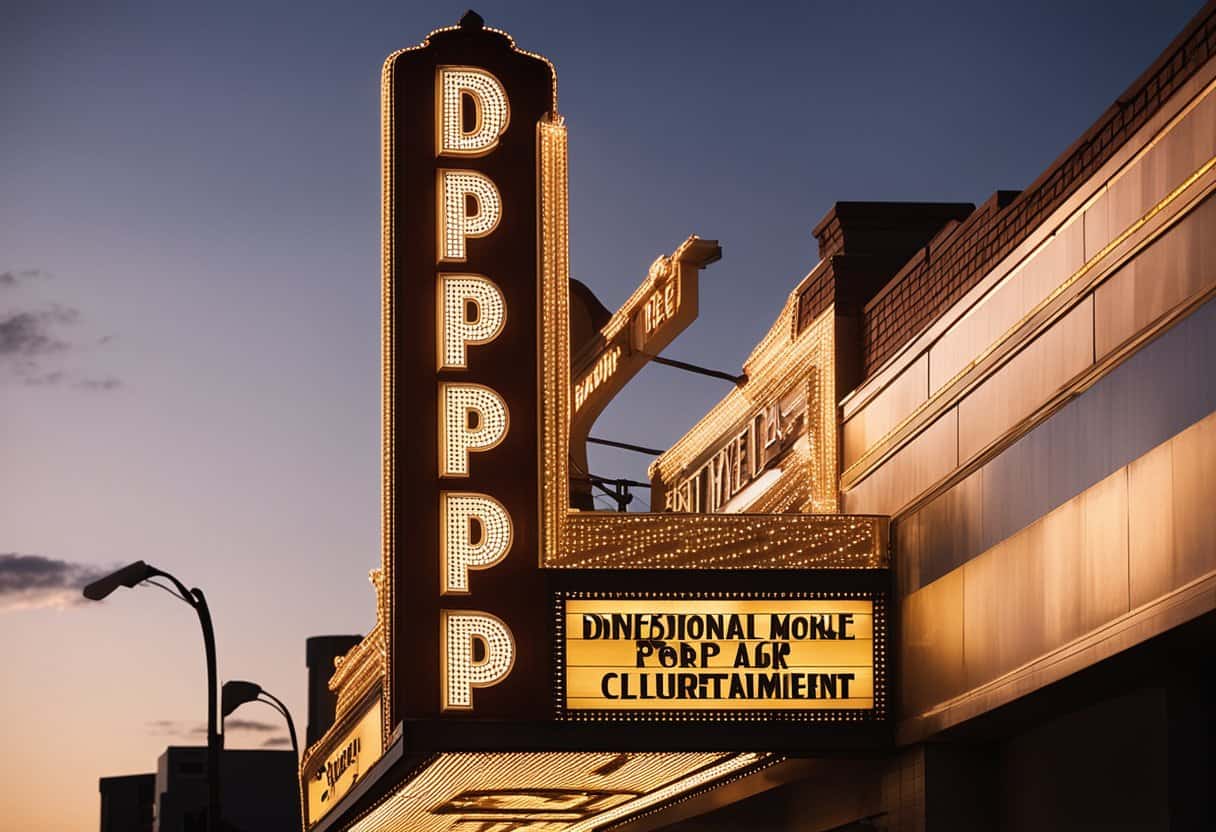 A movie theater marquee displays "DP in Entertainment and Popular Culture" with spotlights shining on it